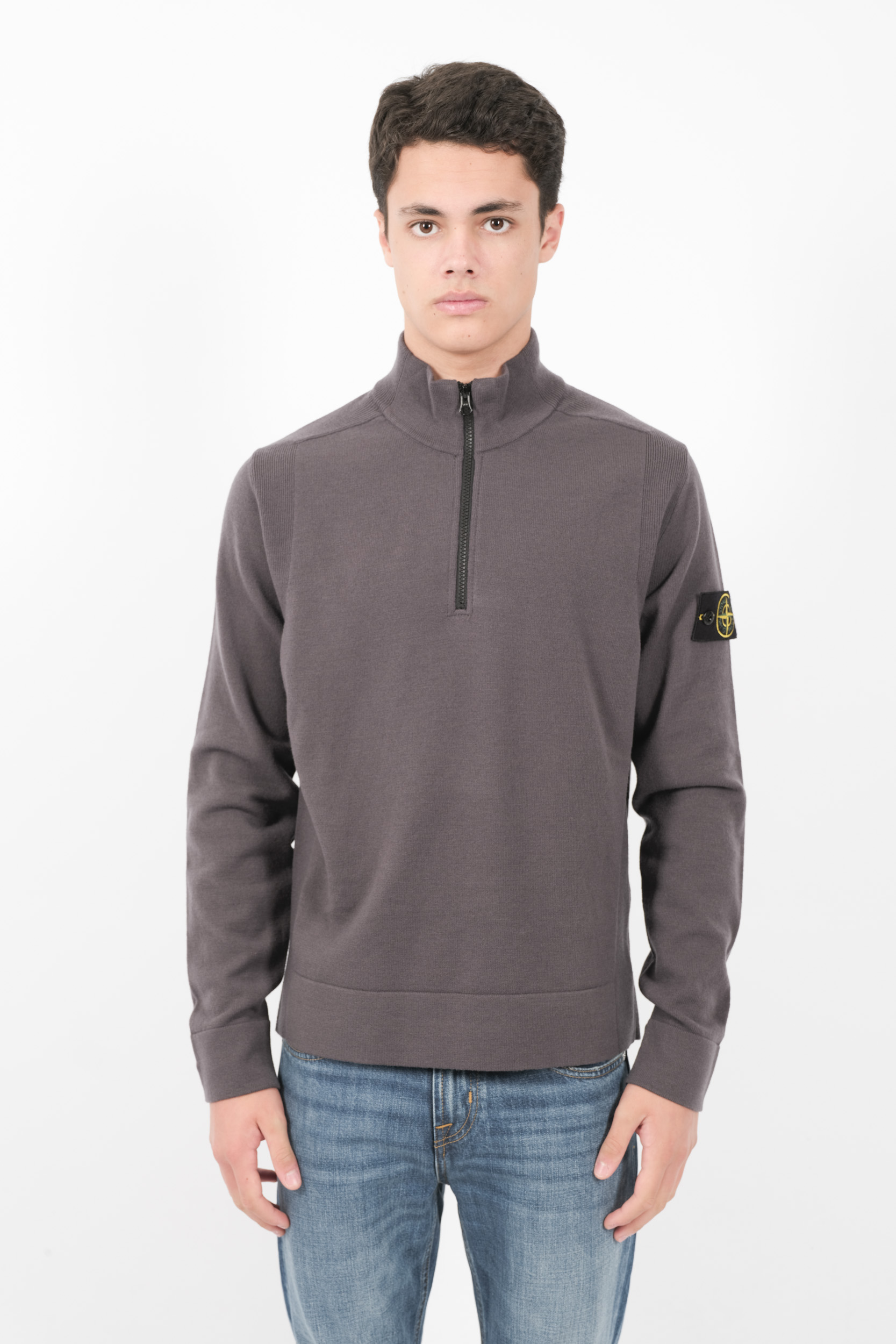 PULL STONE ISLAND COL MONTANT ZIPPE EN MAILLE DE LAINE GRIS 8115521A1-V0062