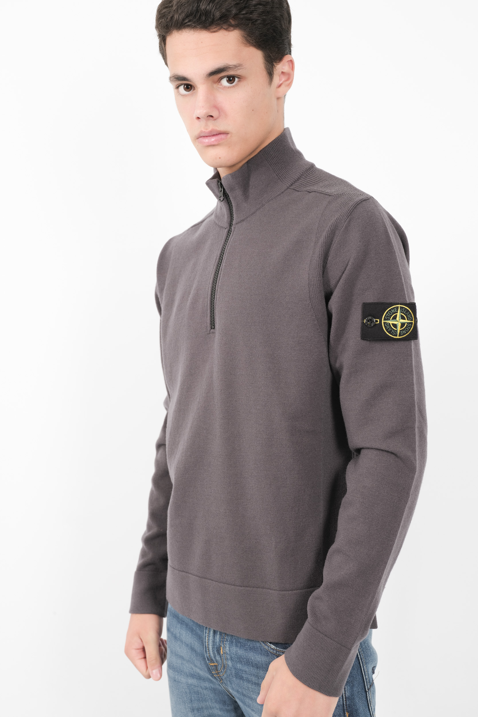PULL STONE ISLAND COL MONTANT ZIPPE EN MAILLE DE LAINE GRIS 8115521A1-V0062
