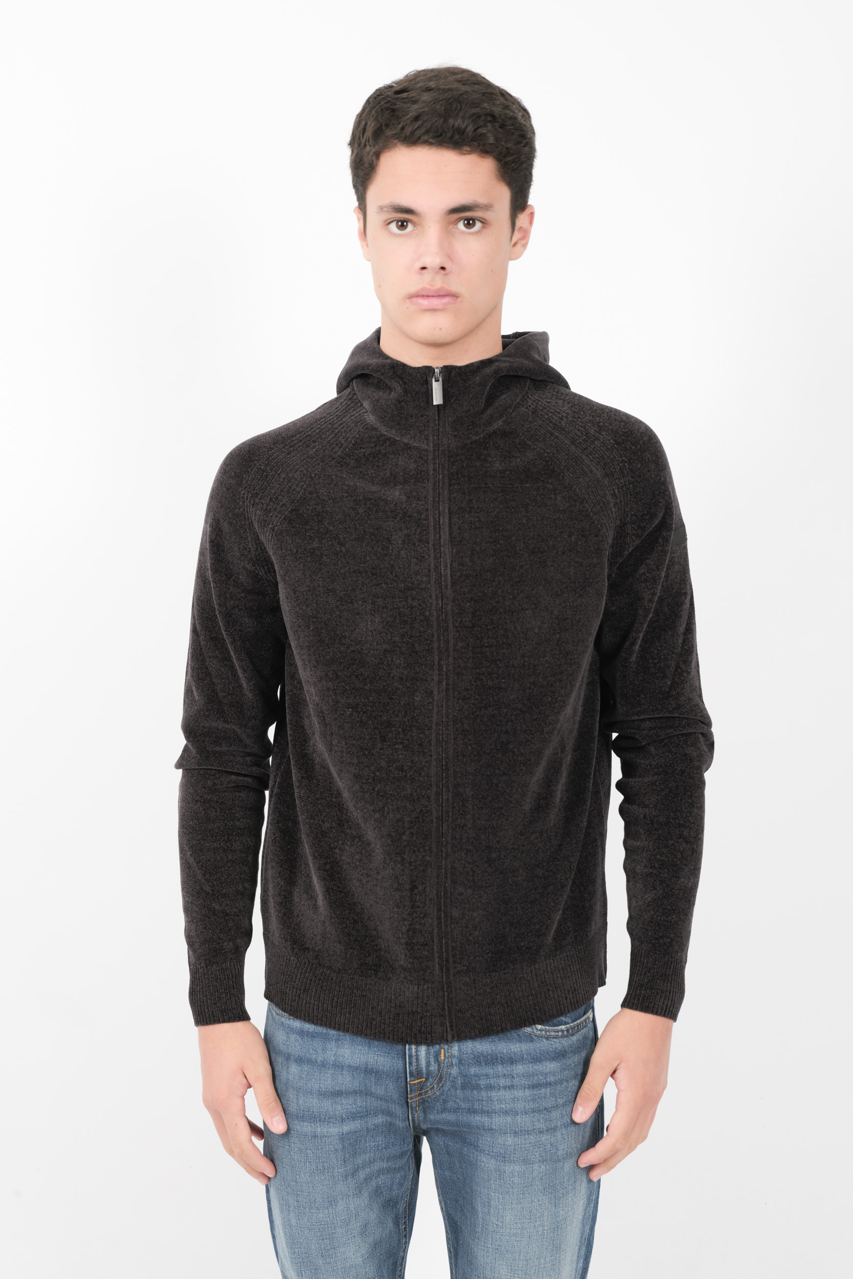 GILET RRD A CAPUCHE ZIPPE MATIERE CHENILLE GRIS W24136-11