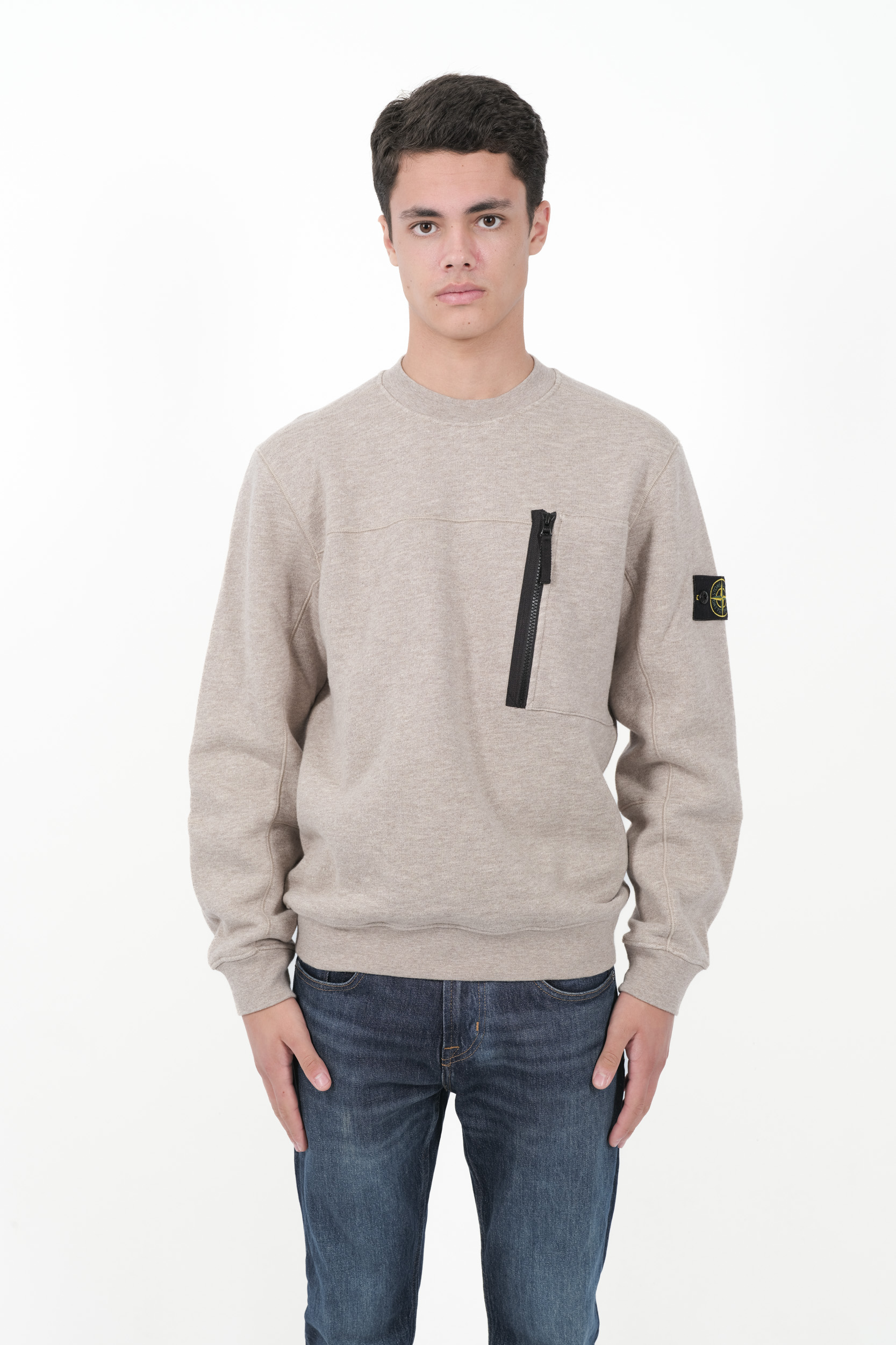 SWEAT STONE ISLAND COL ROND COTON MOULINE AVEC ZIP BEIGE 811565338-V0094