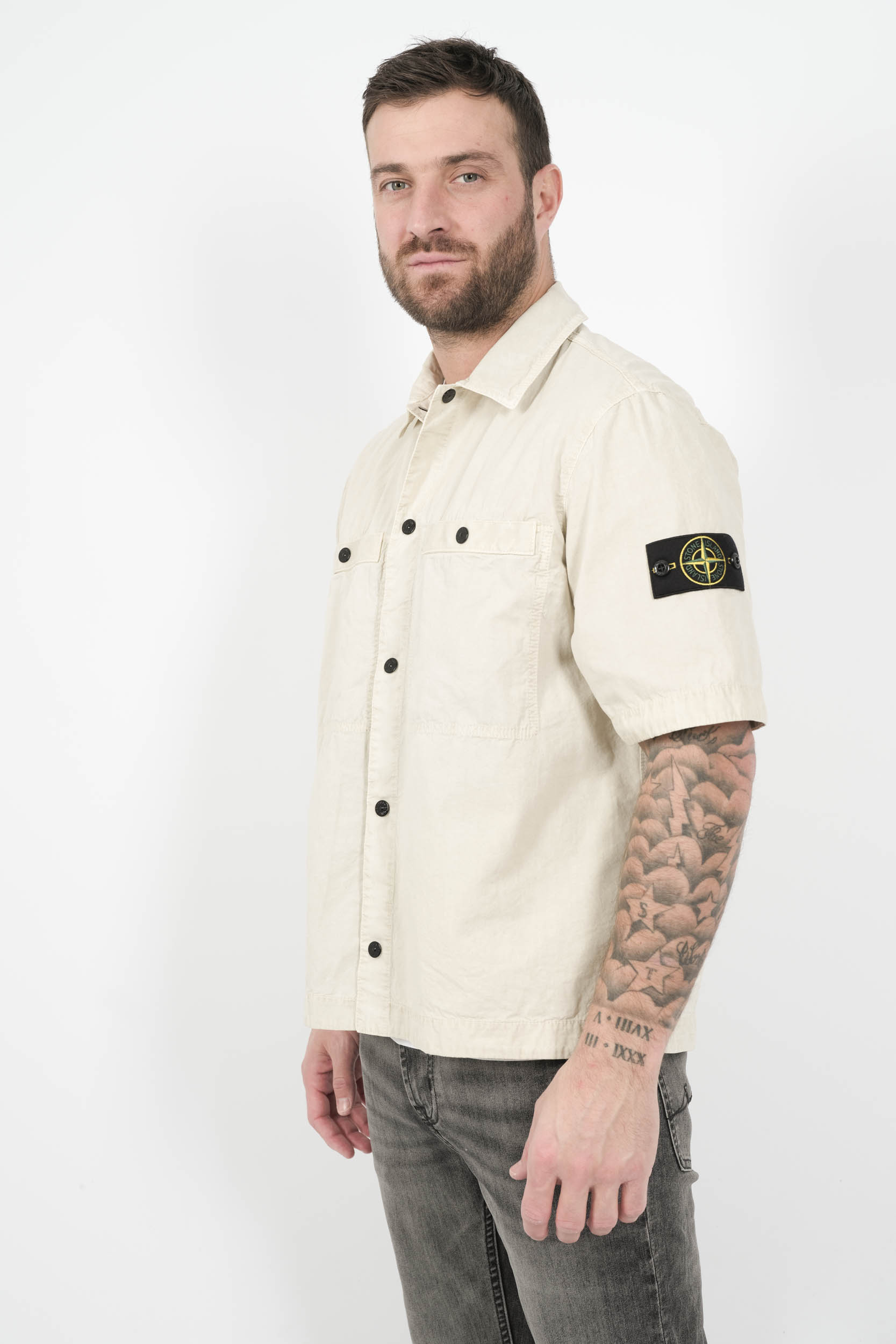 CHEMISE STONE ISLAND MANCHES COURTES BLANC CREME S151229SWN-V0195