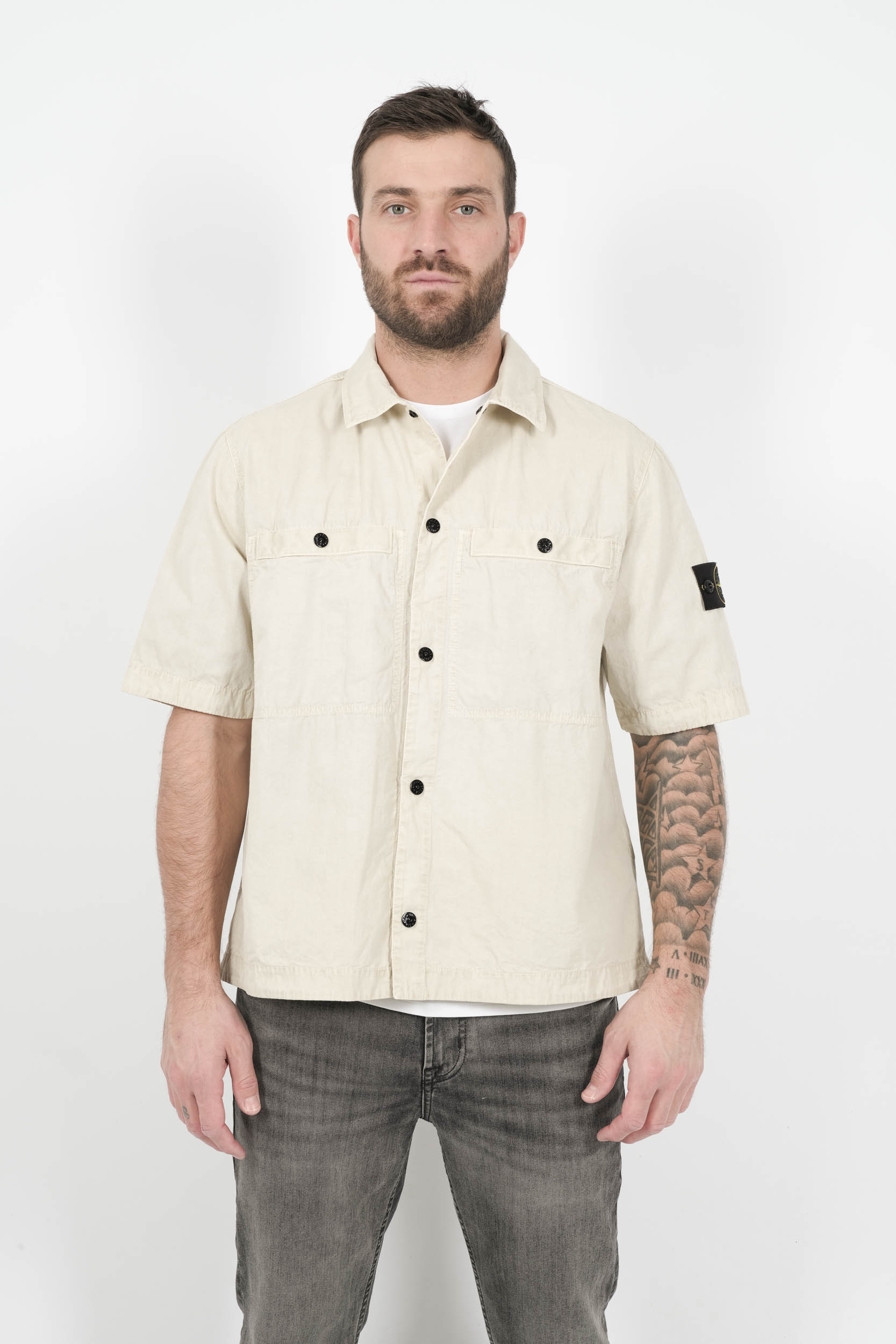 CHEMISE STONE ISLAND MANCHES COURTES BLANC CREME S151229SWN-V0195