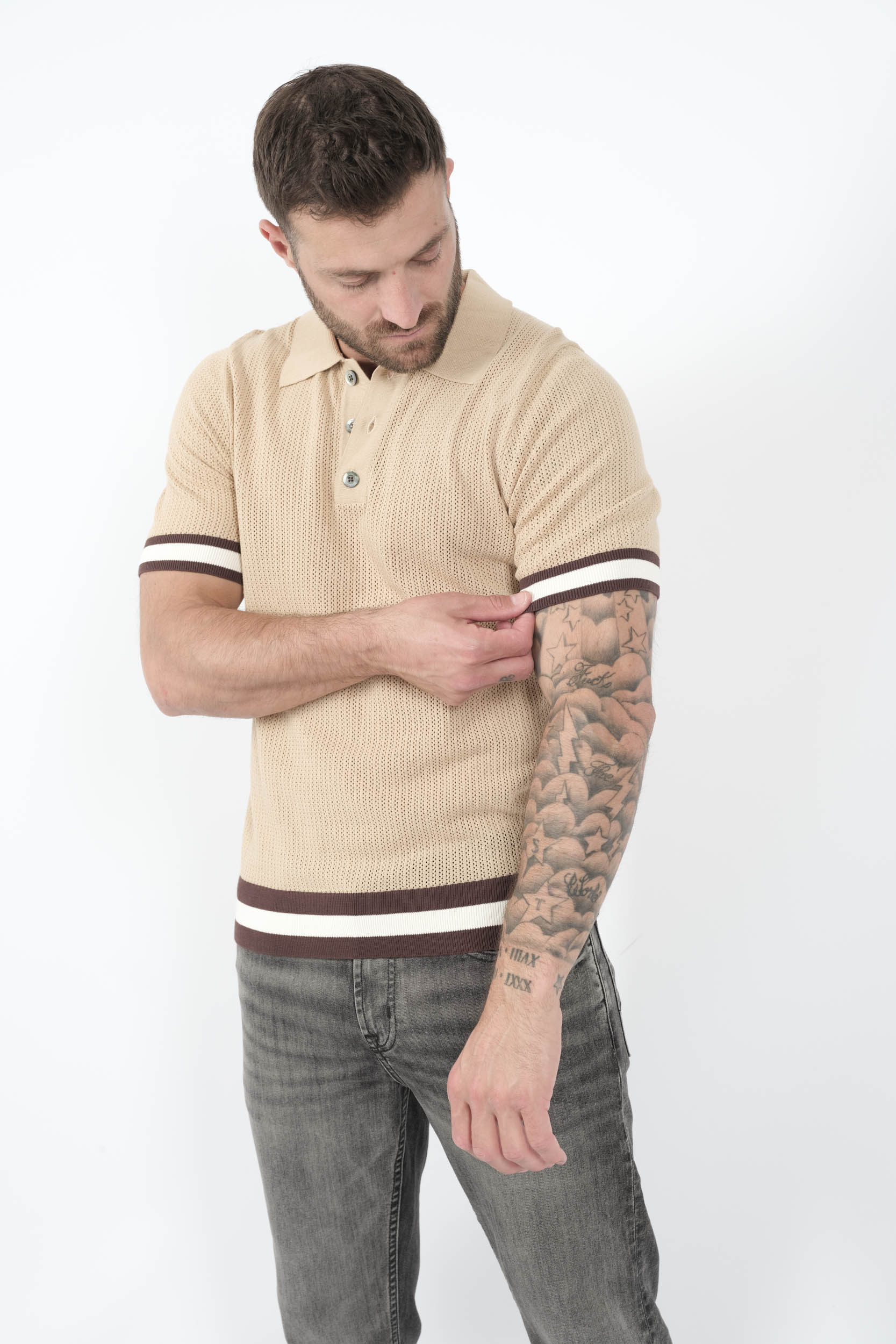  Image du produit POLO CHE A MAILLE OUVERTE ET MANCHETTES A RAYURES CAMEL QUINN-CAMEL - 2