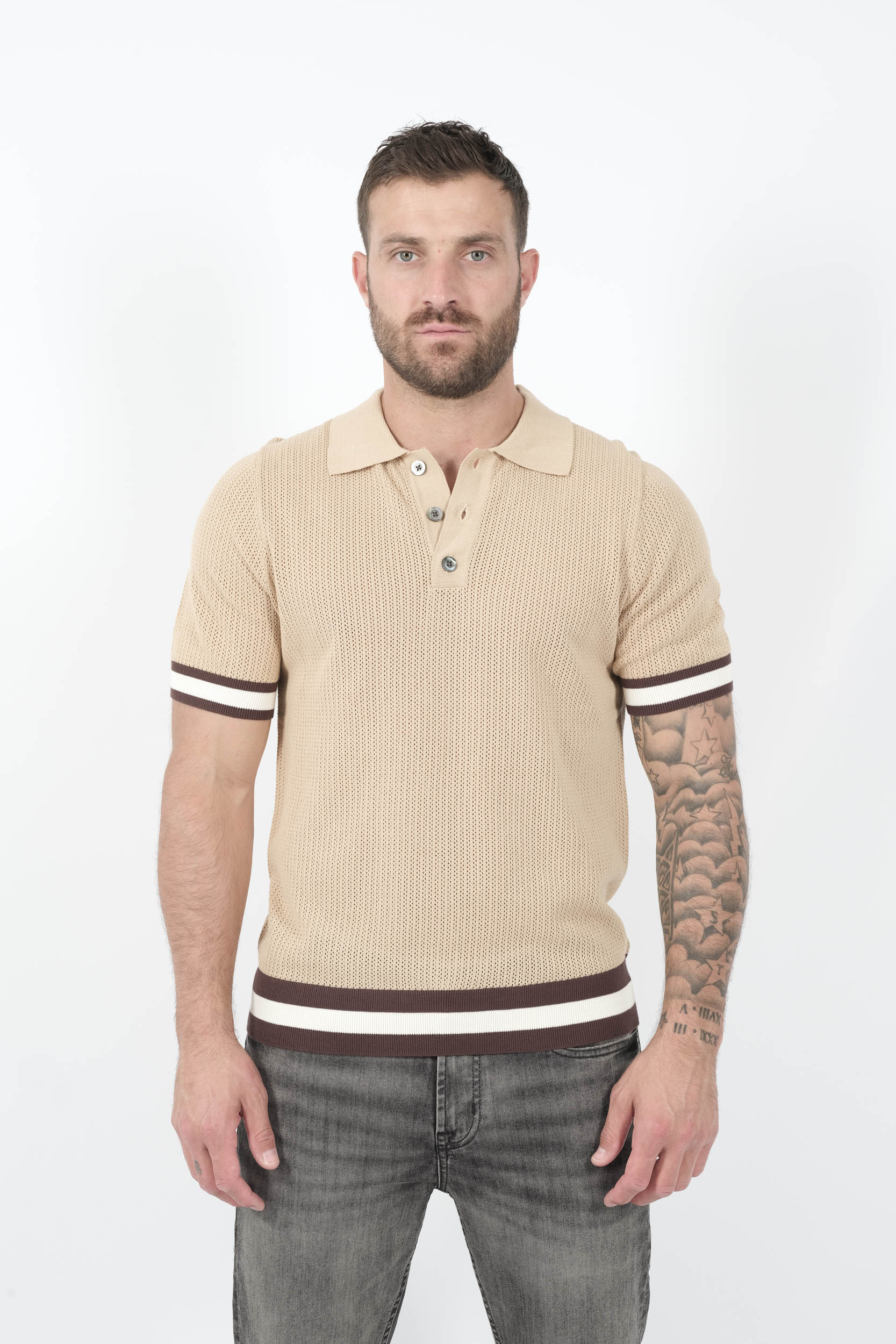  Image du produit POLO CHE A MAILLE OUVERTE ET MANCHETTES A RAYURES CAMEL QUINN-CAMEL - 3