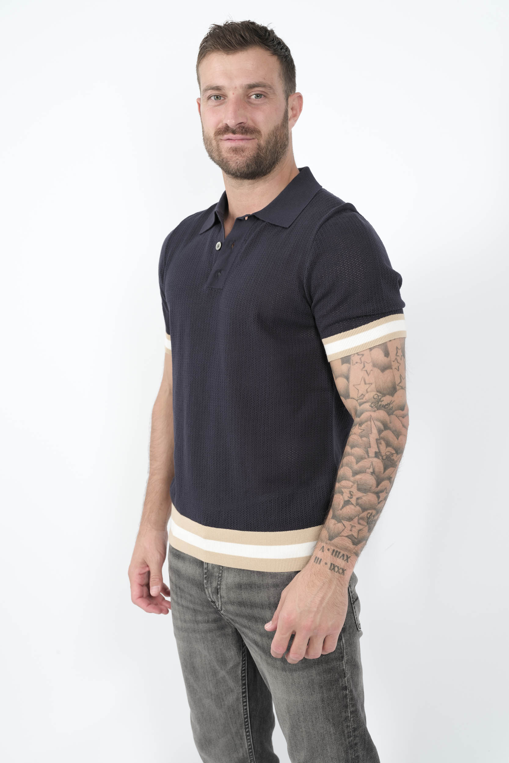  Image du produit POLO CHE A MAILLE OUVERTES ET MANCHETTES A RAYURES MARINE QUINN-NAVY - 2