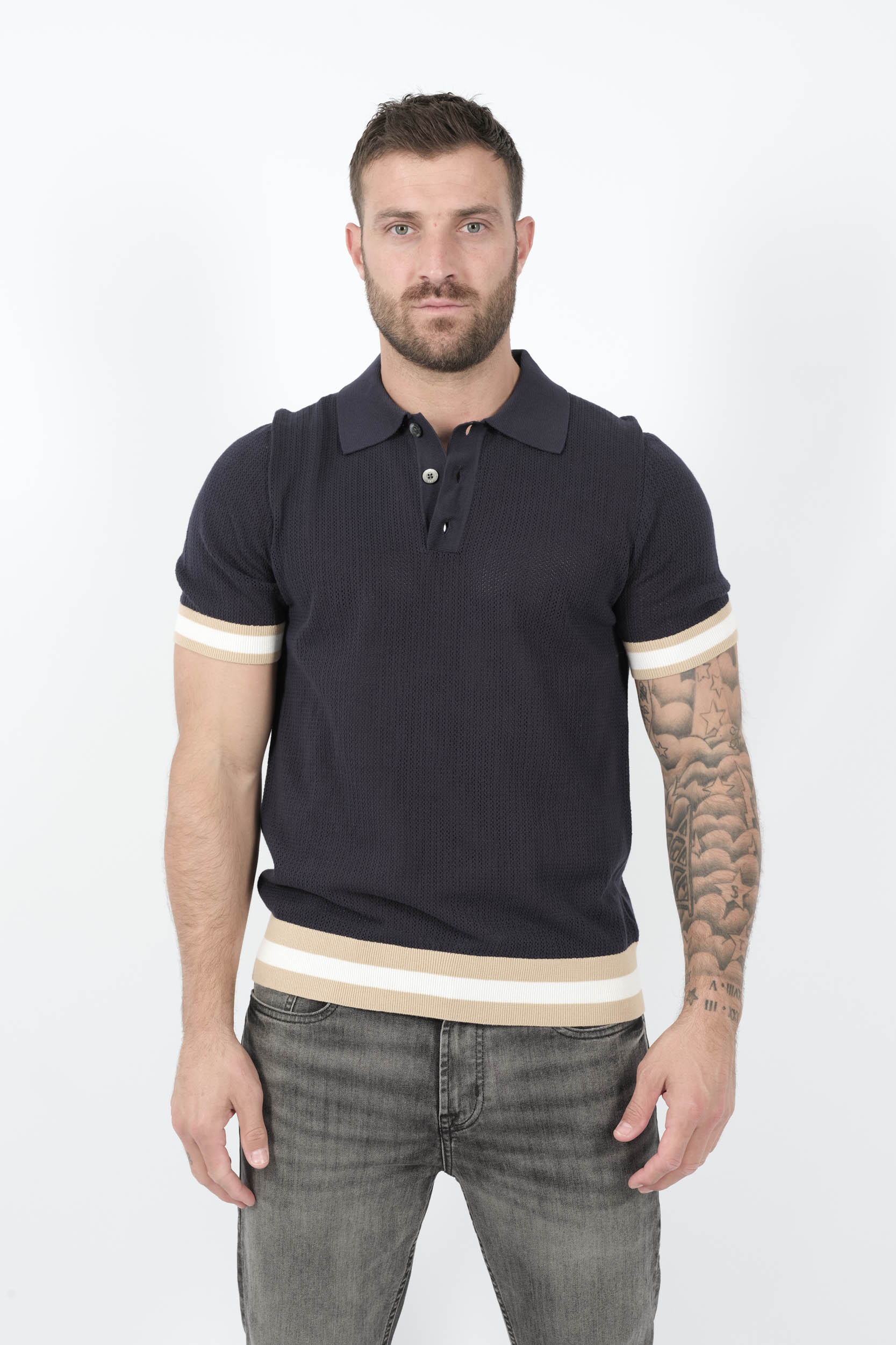  Image du produit POLO CHE A MAILLE OUVERTES ET MANCHETTES A RAYURES MARINE QUINN-NAVY - 3
