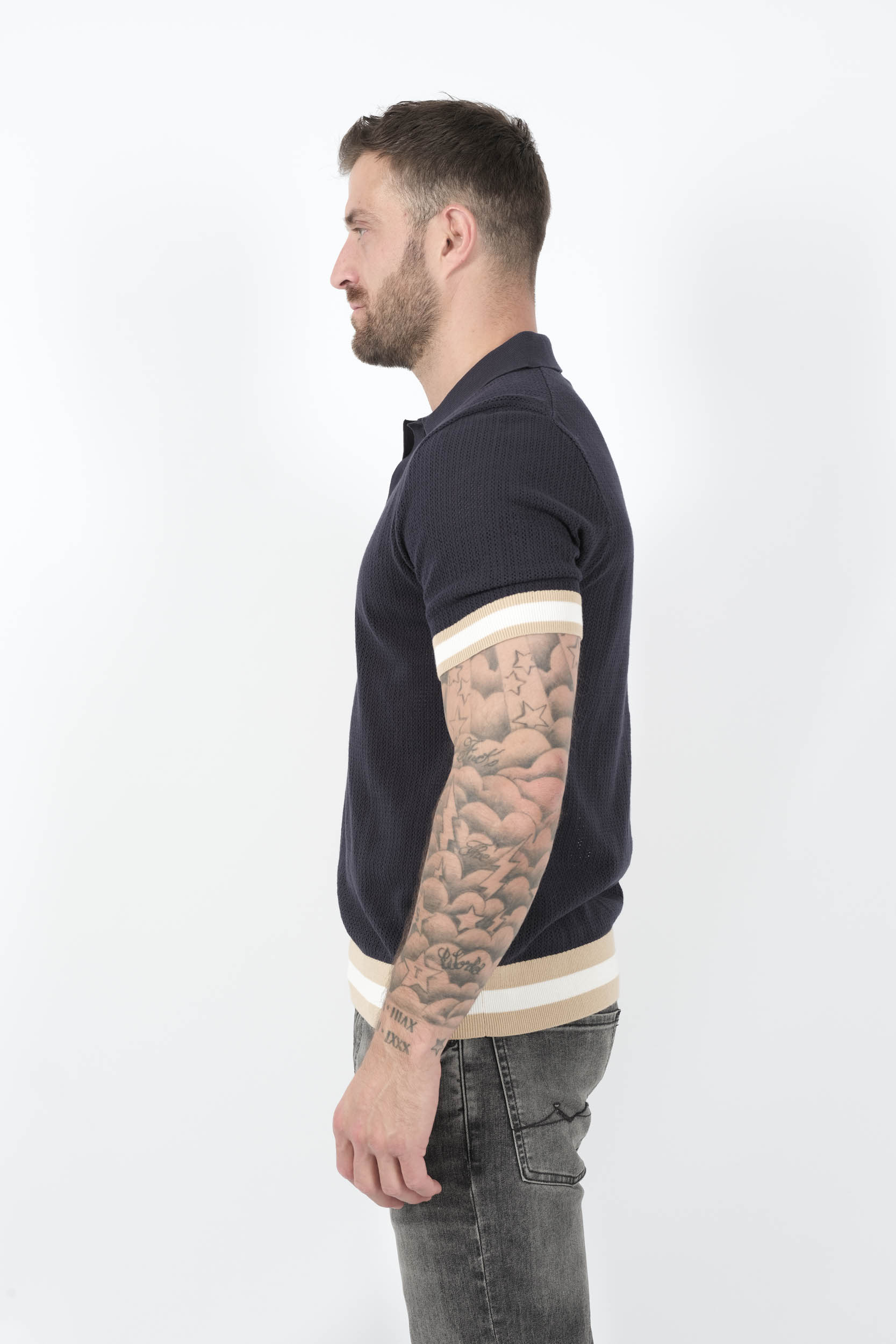  Image du produit POLO CHE A MAILLE OUVERTES ET MANCHETTES A RAYURES MARINE QUINN-NAVY - 4