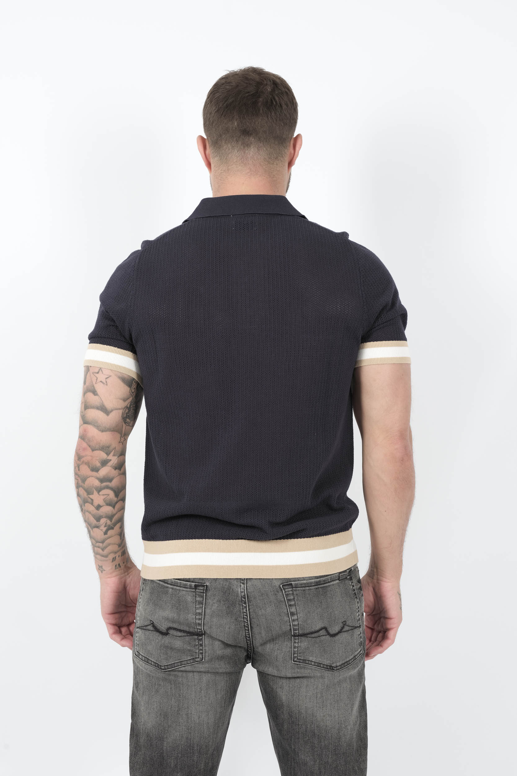  Image du produit POLO CHE A MAILLE OUVERTES ET MANCHETTES A RAYURES MARINE QUINN-NAVY - 5