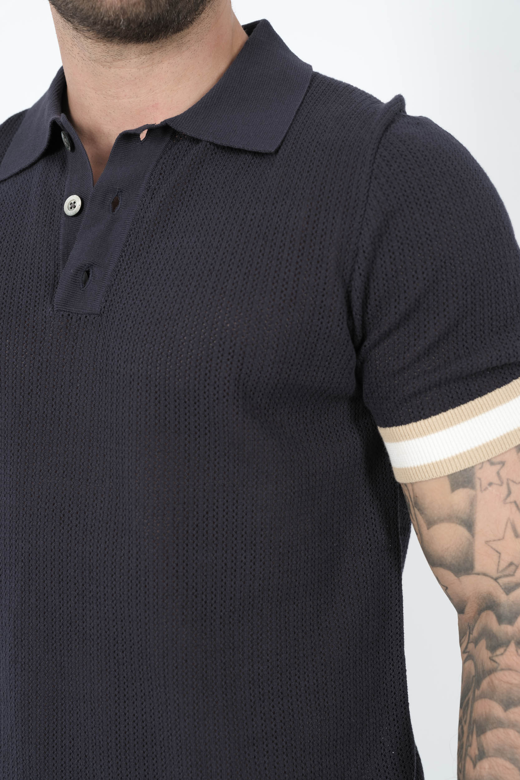 POLO CHE A MAILLE OUVERTES ET MANCHETTES A RAYURES MARINE QUINN-NAVY