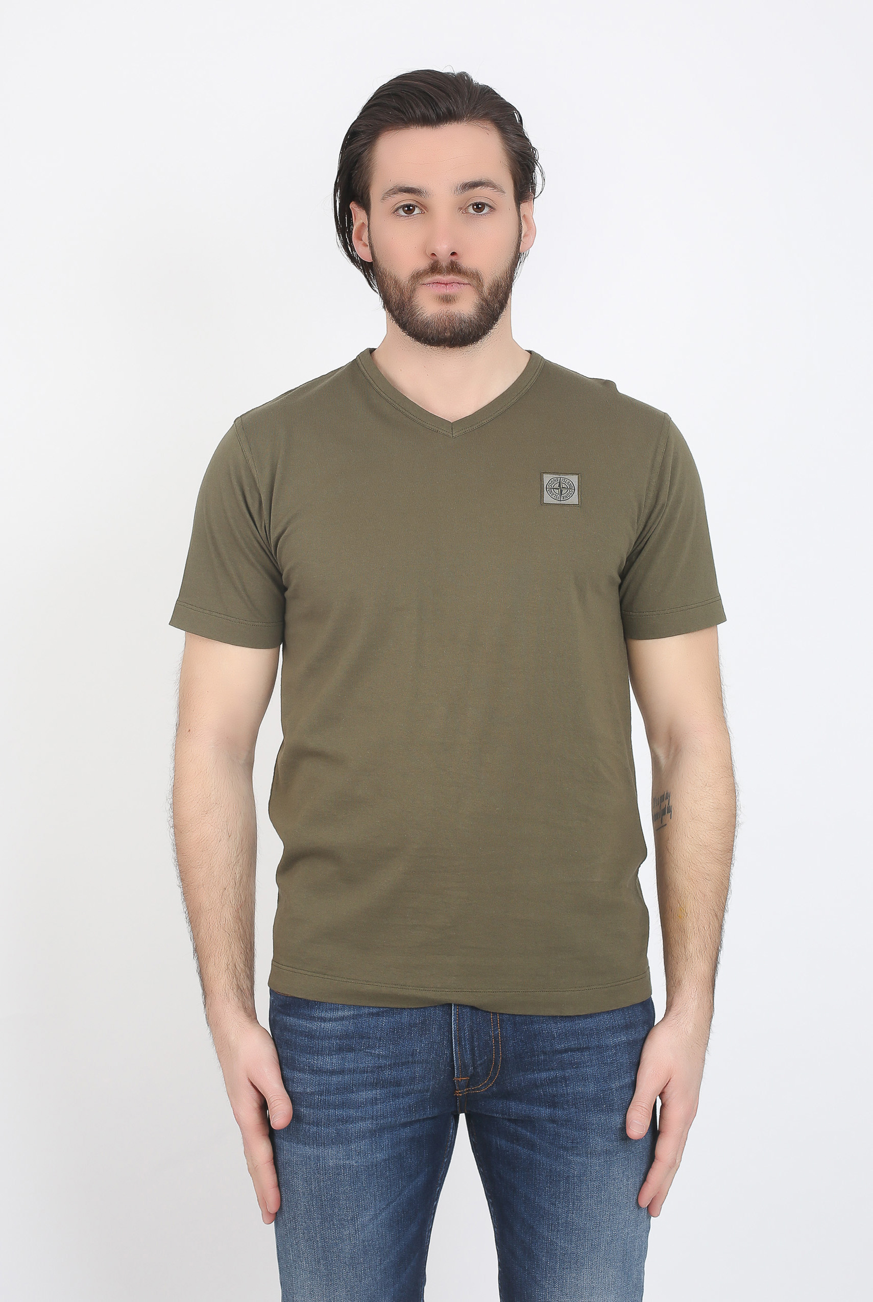 T-SHIRT COL V STONE ISLAND KAKI 681522457-V0054