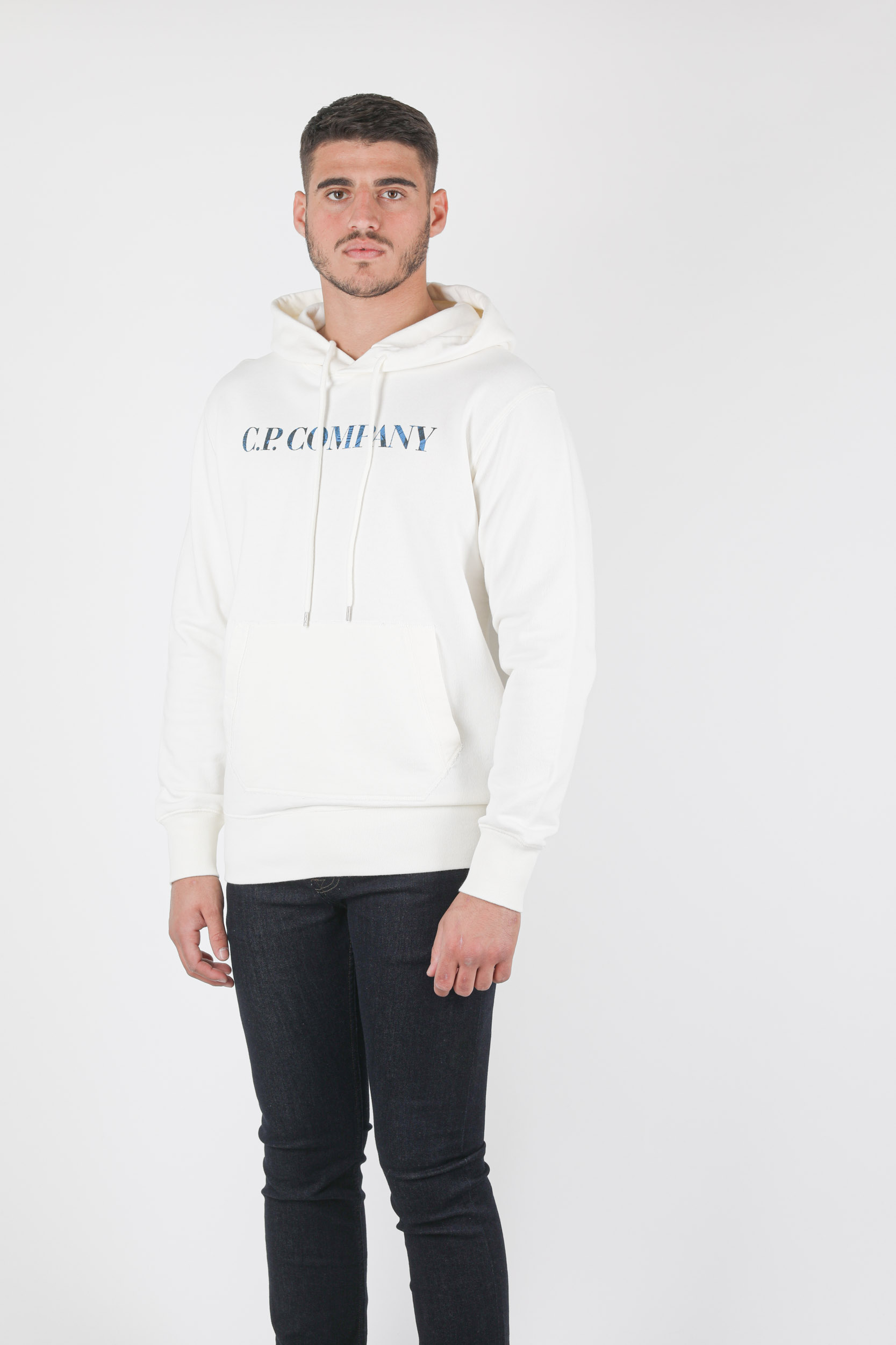 SWEAT A CAPUCHE C.P COMPANY BLANC LOGO BLEU S304A-103