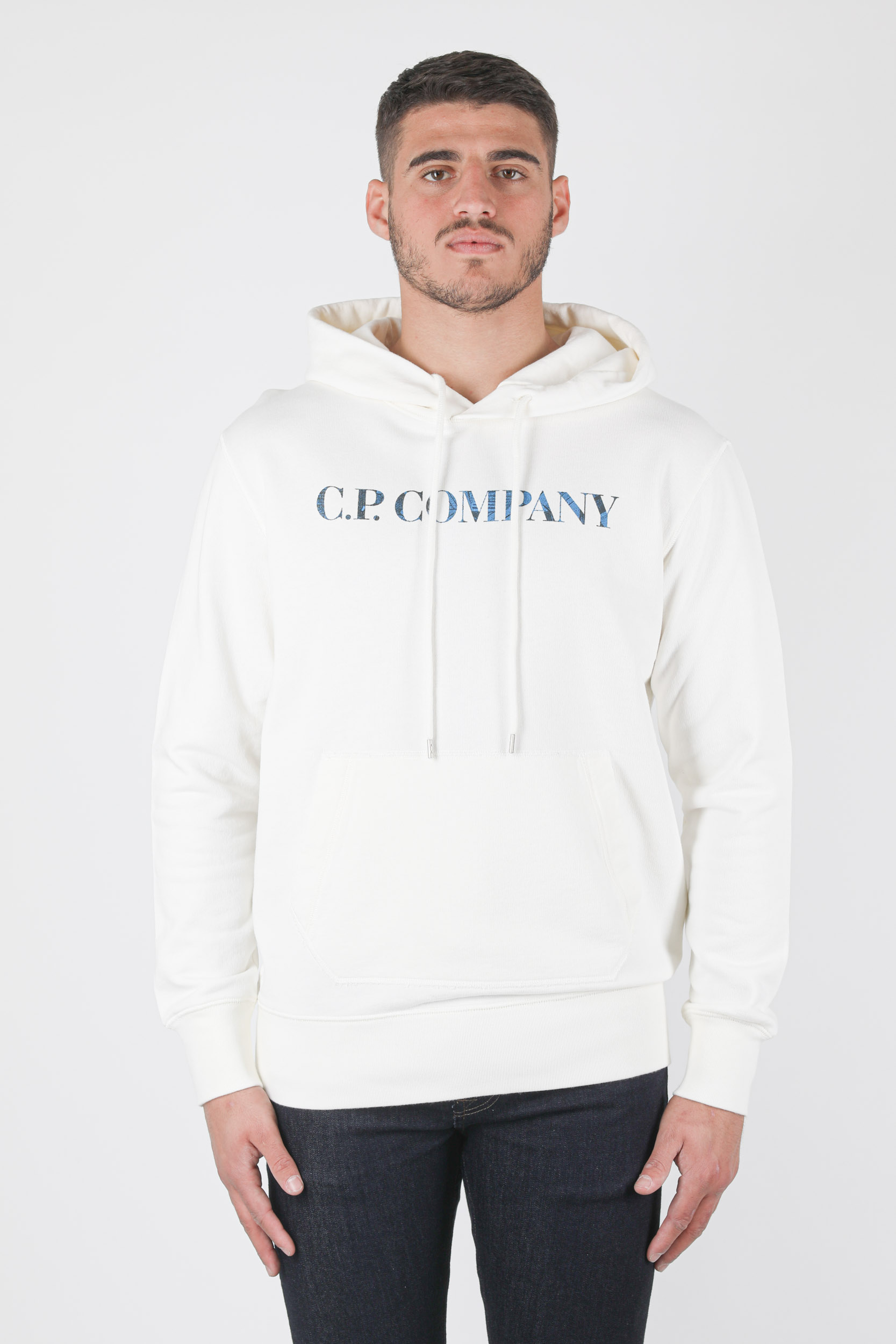 SWEAT A CAPUCHE C.P COMPANY BLANC LOGO BLEU S304A-103