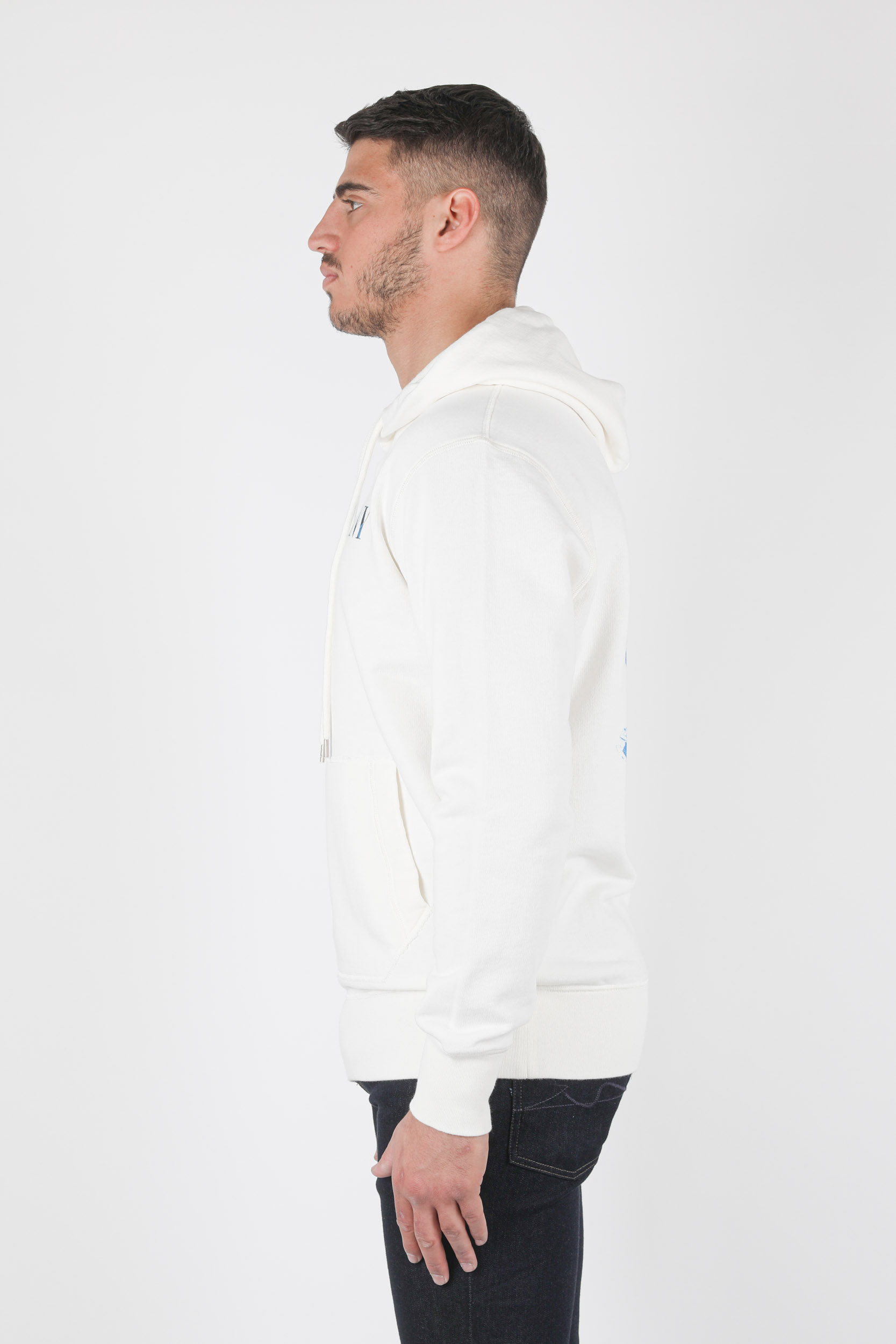 SWEAT A CAPUCHE C.P COMPANY BLANC LOGO BLEU S304A-103