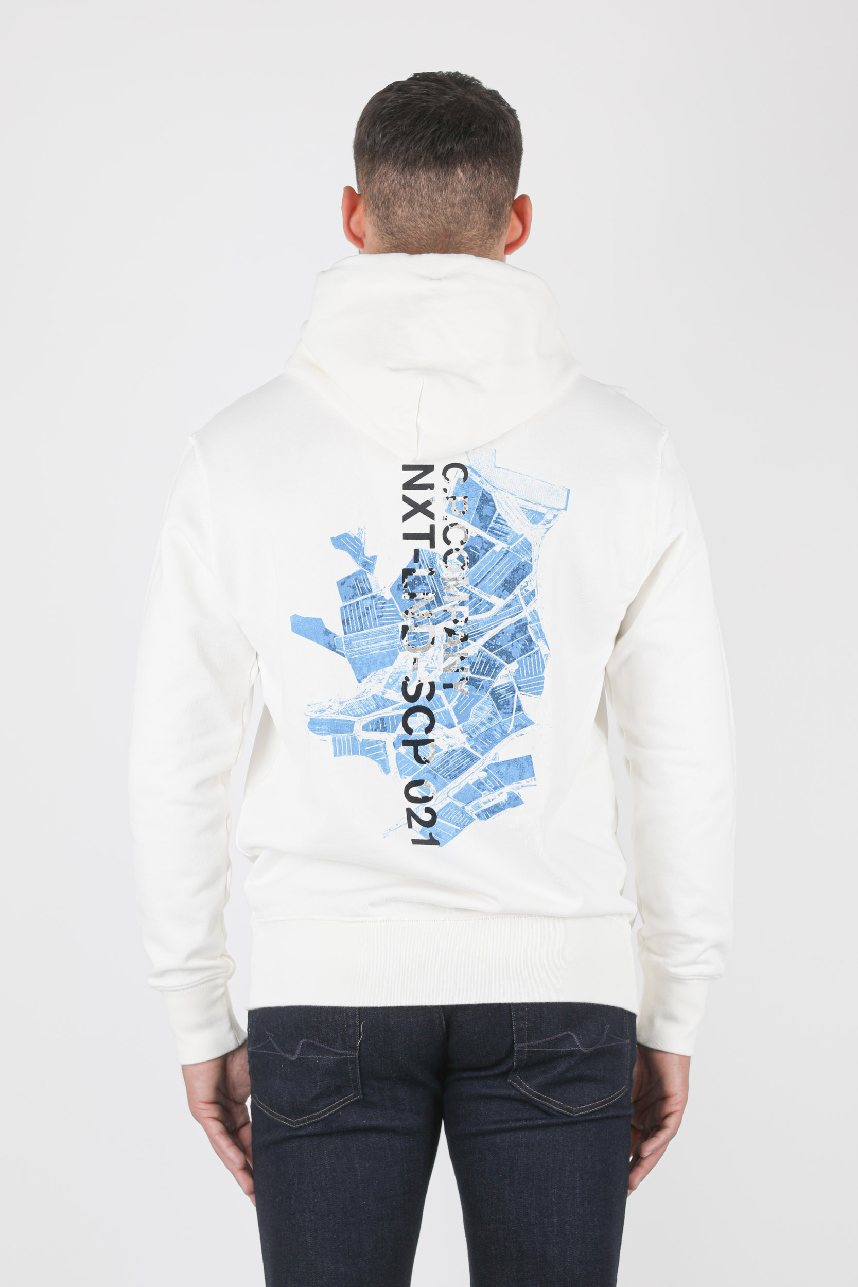 SWEAT A CAPUCHE C.P COMPANY BLANC LOGO BLEU S304A-103