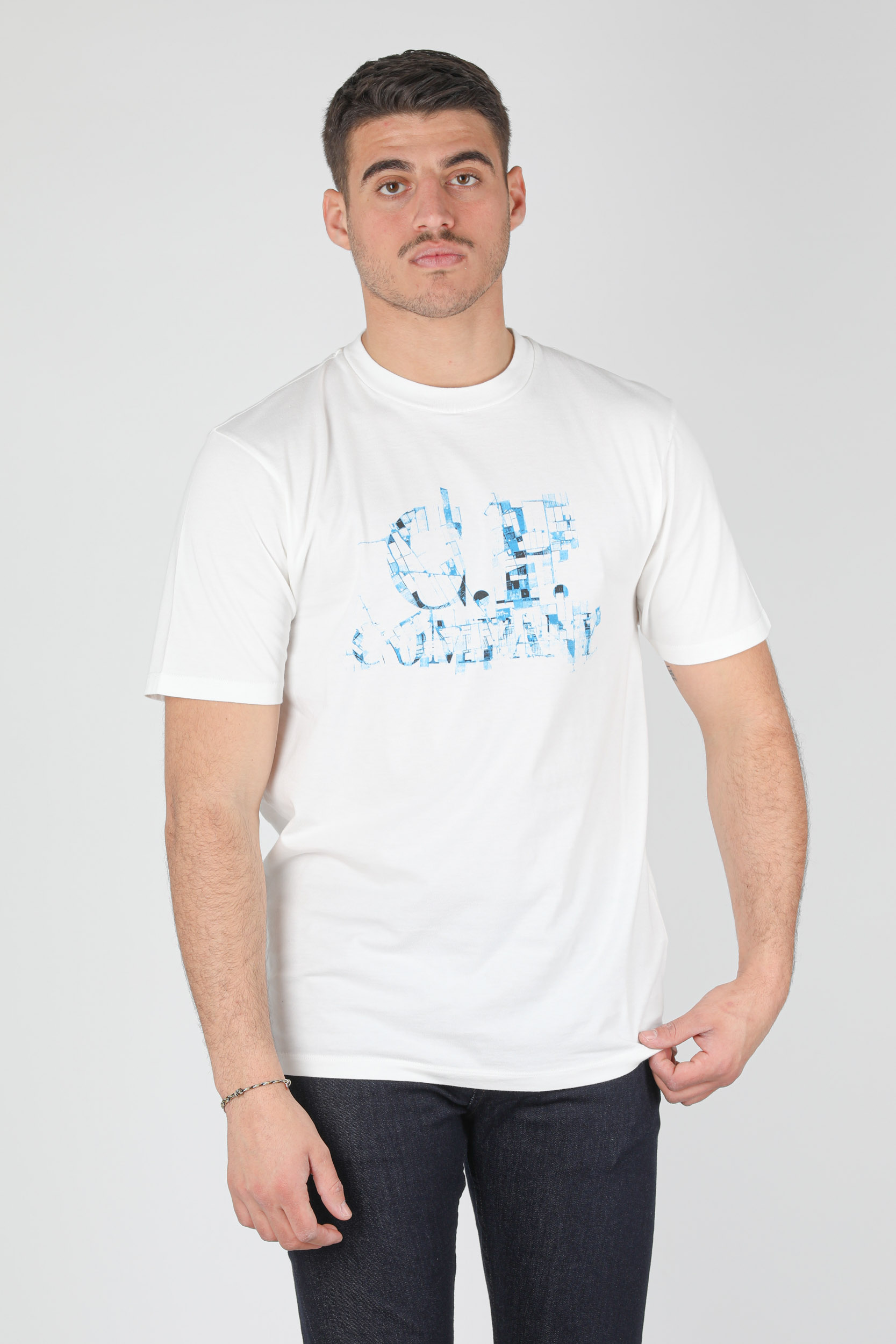 T-SHIRT C.P COMPANY BLANC LOGO BLEU S036A-103
