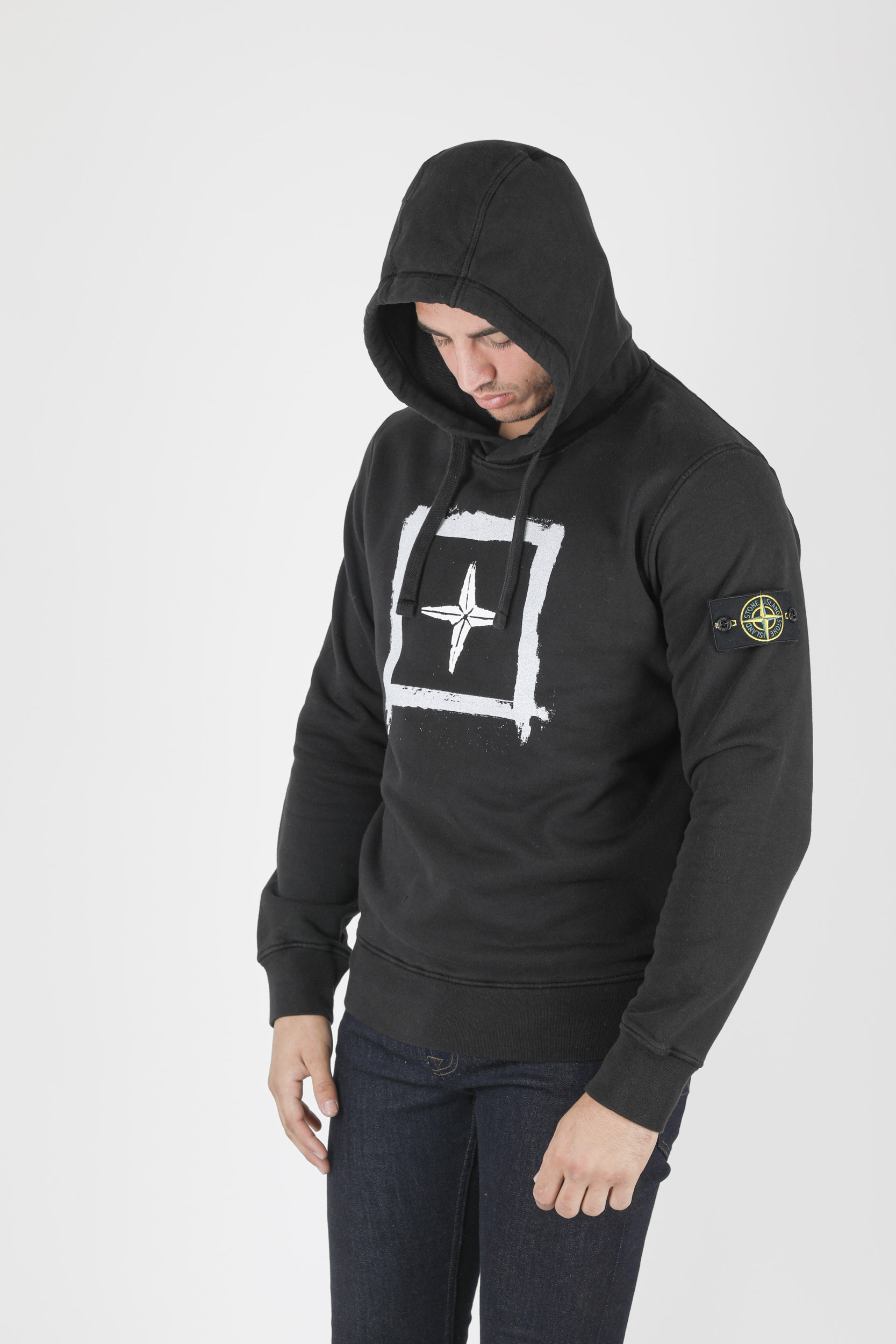 SWEAT A CAPUCHE STONE ISLAND NOIR A IMPRIME 741565894-V0029